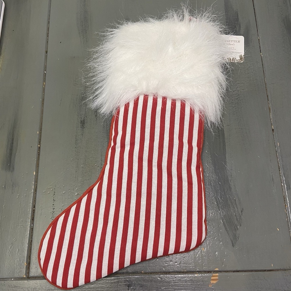 NWT TRIMSETTER Dillard's Christmas Stocking Red White Stripe White Faux Fur Trim